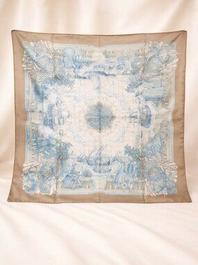 Authentic Hermès Les Folies du Ciel Silk Scarf Blue Beige